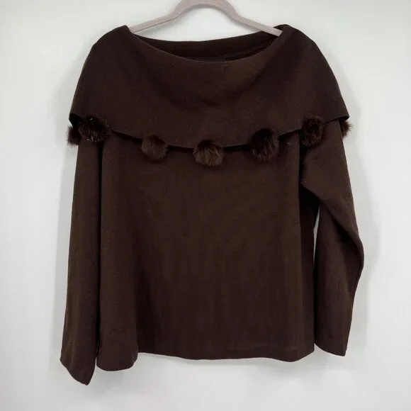 Lemmie for Nina Leonard Brown Knit Pom Pom Off Shoulder Sweater Sz 1X - Picture 1 of 8